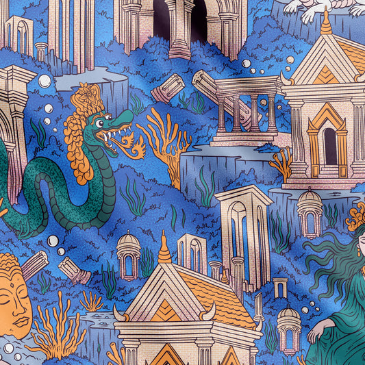 CROWNS OF THE SOUTHERN SEA | Pantai Blue Silk Twill Scarf | 90×90 cm
