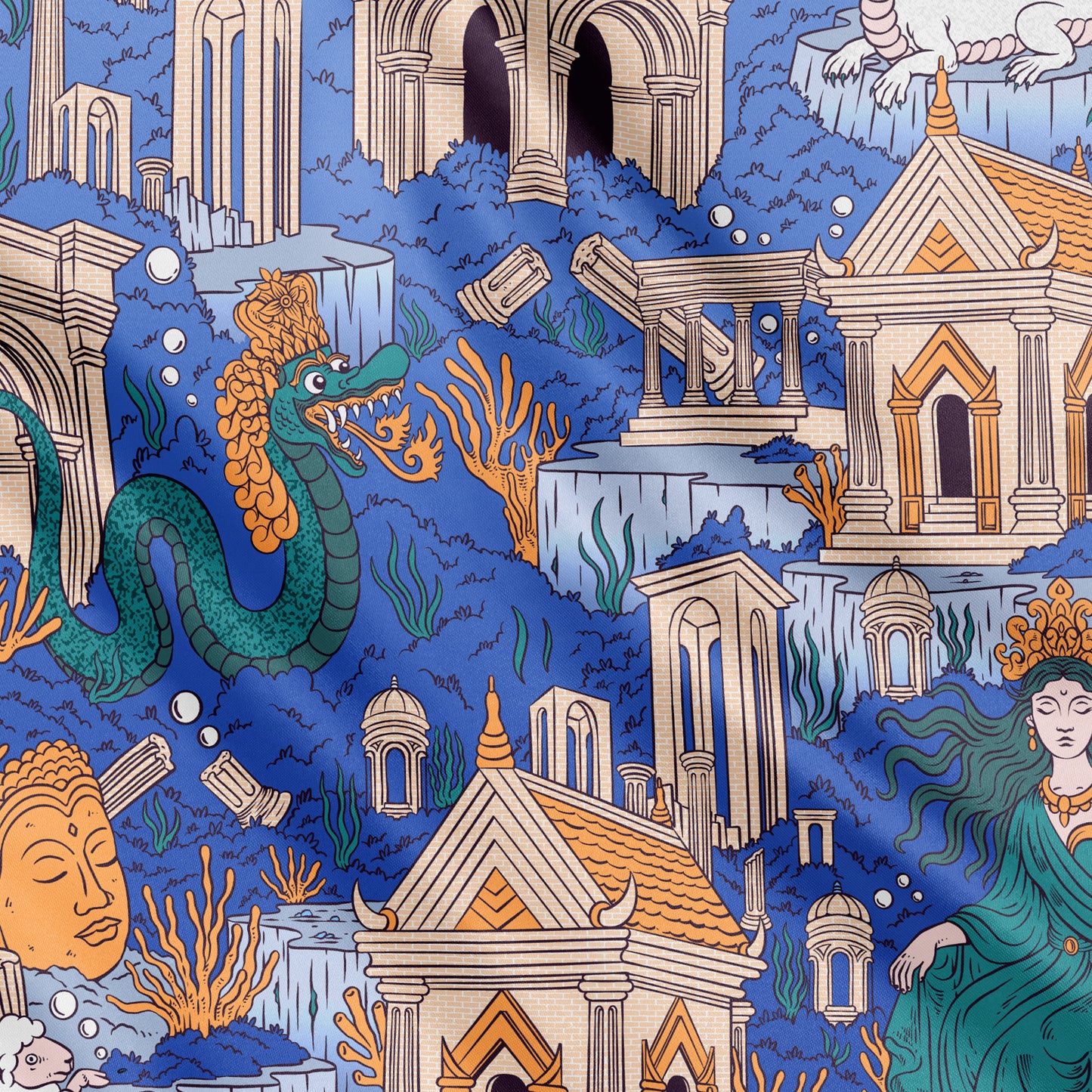 CROWNS OF THE SOUTHERN SEA | Pantai Blue Silk Twill Scarf | 88×88 cm