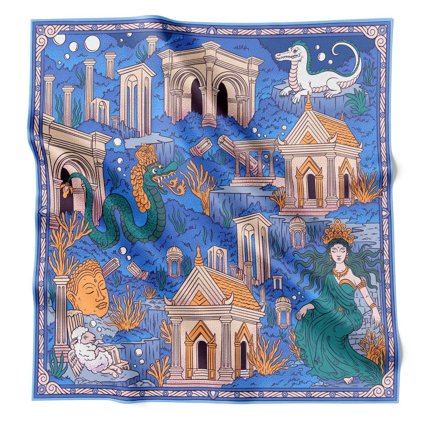 CROWNS OF THE SOUTHERN SEA | Pantai Blue Silk Twill Scarf | 90×90 cm