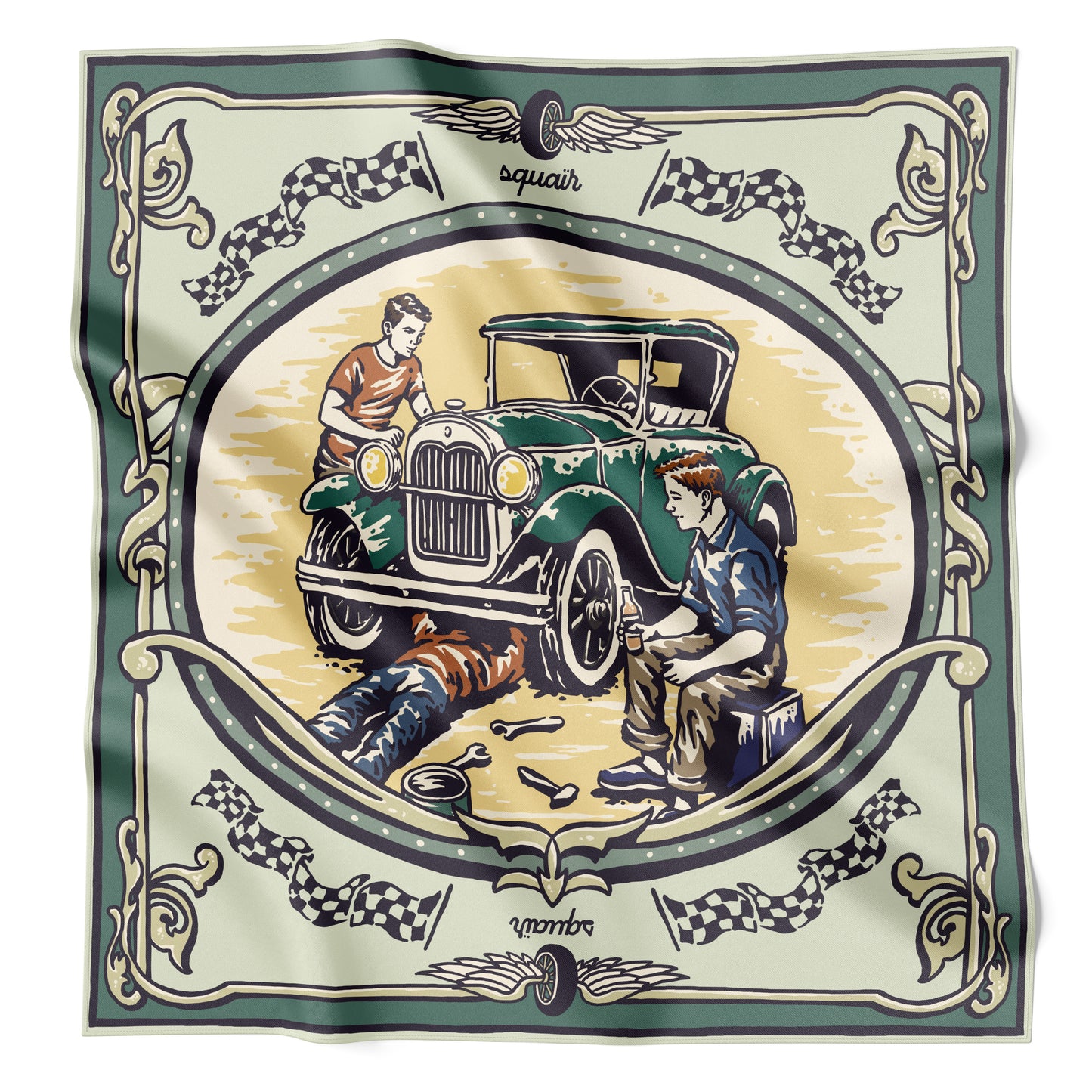 MECHANICA | Heritage Green Cotton Scarf | 66×66 cm