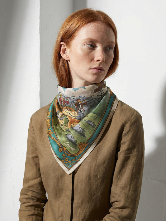 A HUNT BEFORE TIME | Antique Bone Cotton Bandana | 66×66 cm