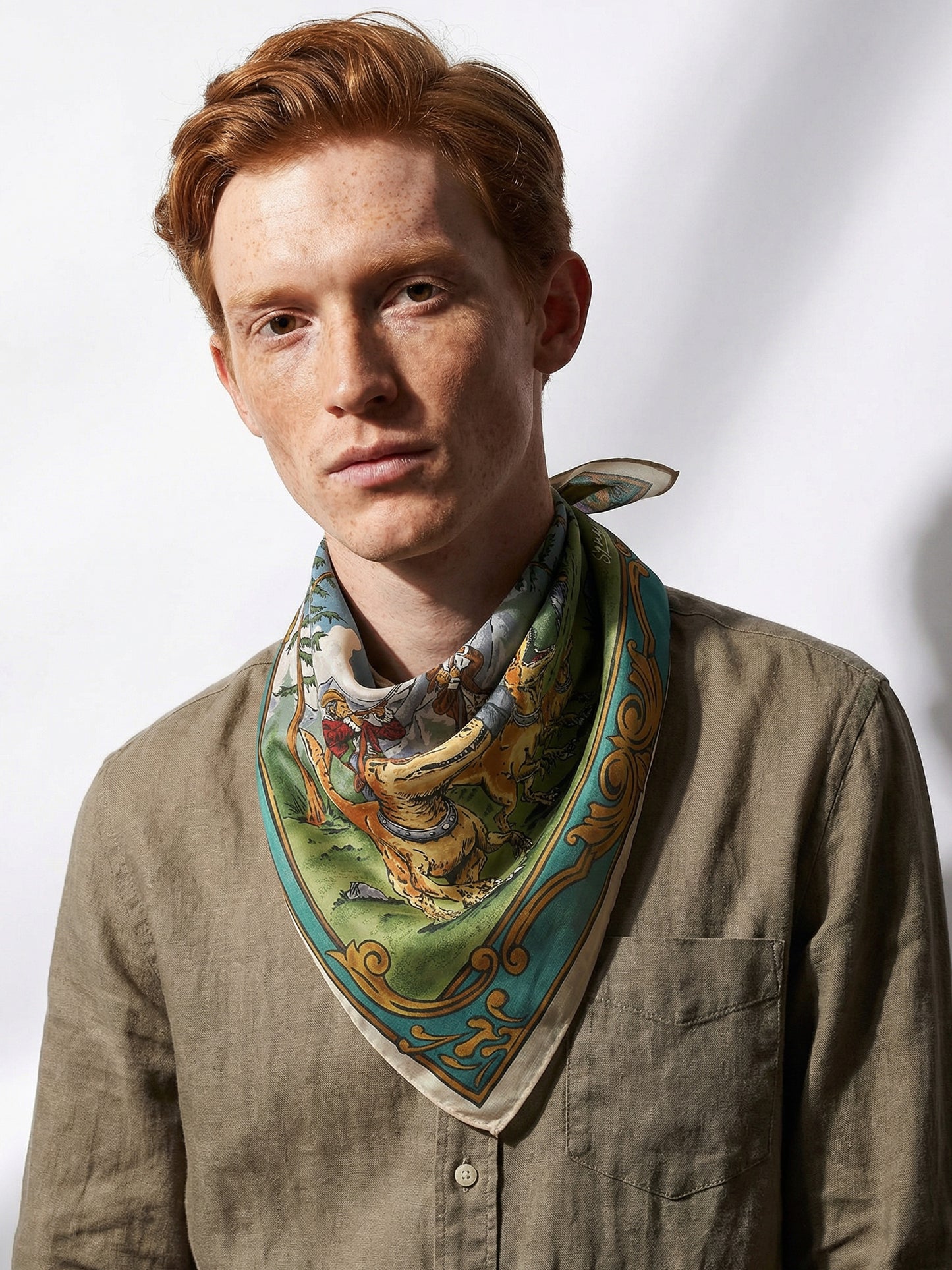 A HUNT BEFORE TIME | Antique Bone Cotton Bandana | 66×66 cm