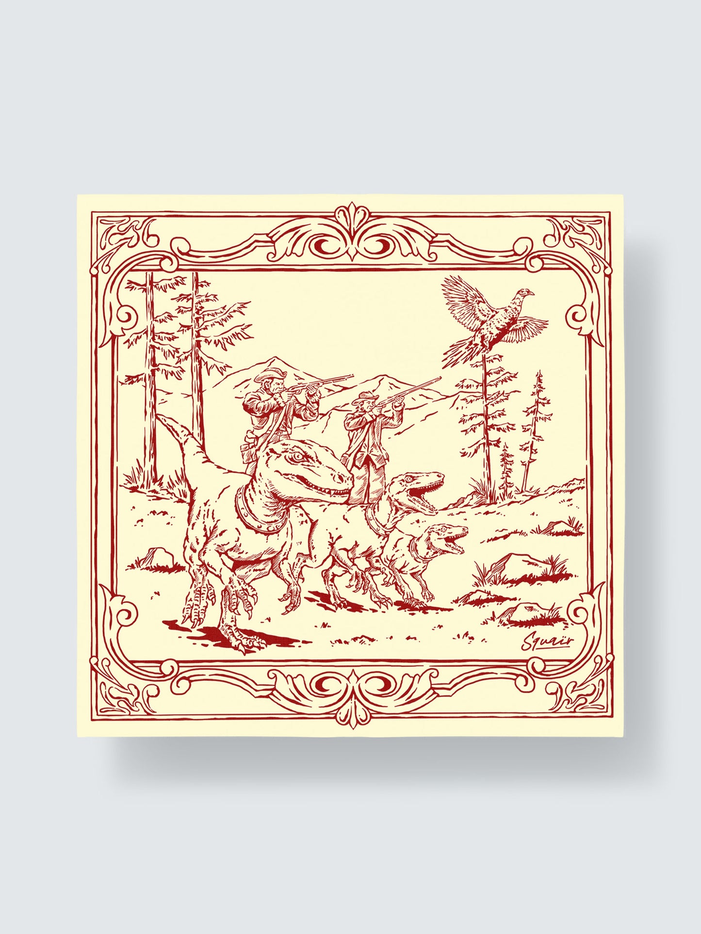 A HUNT BEFORE TIME | Antique Claret Cotton Bandana | 55×55 cm