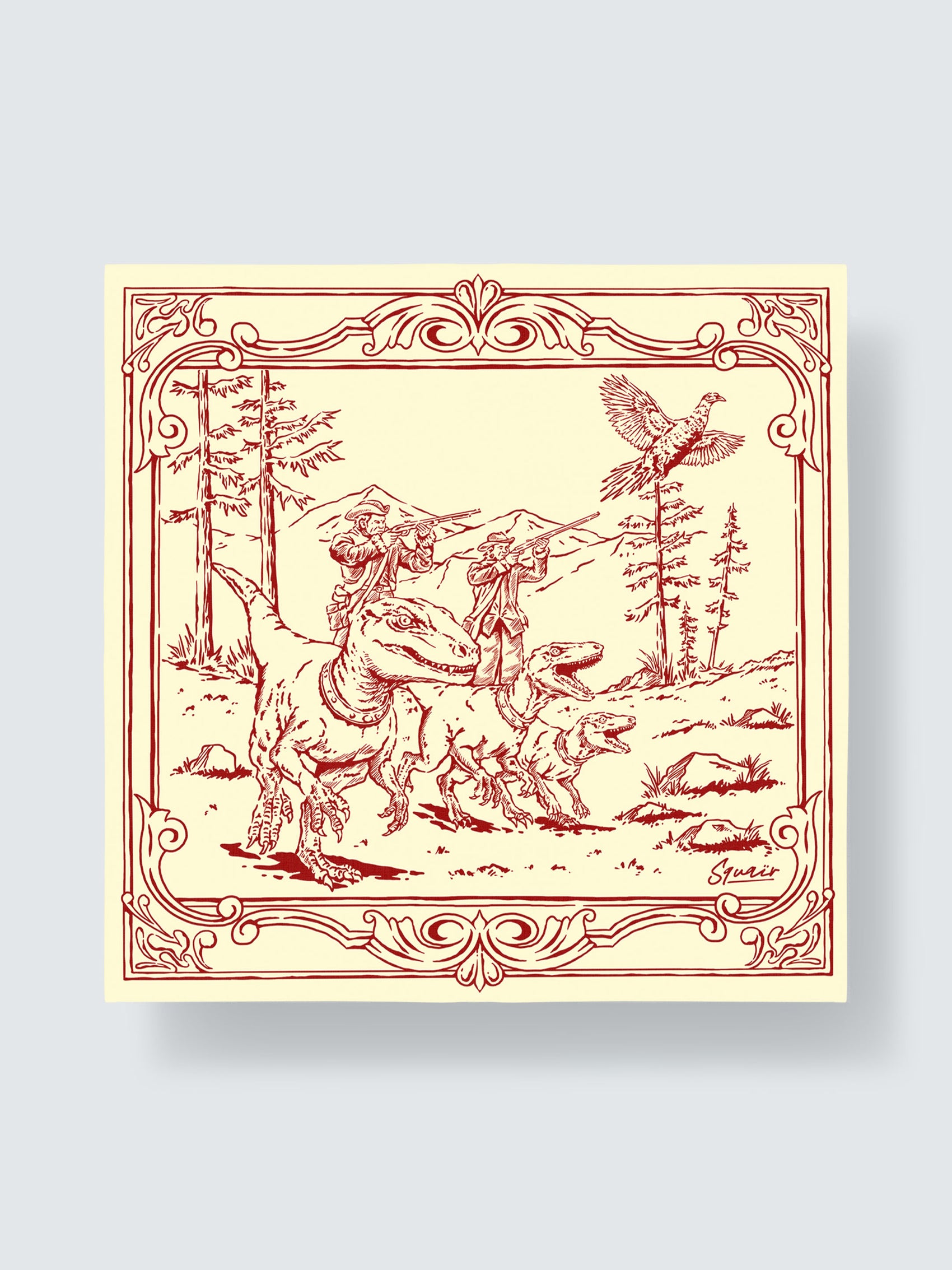 A HUNT BEFORE TIME | Antique Claret Cotton Bandana | 55×55 cm