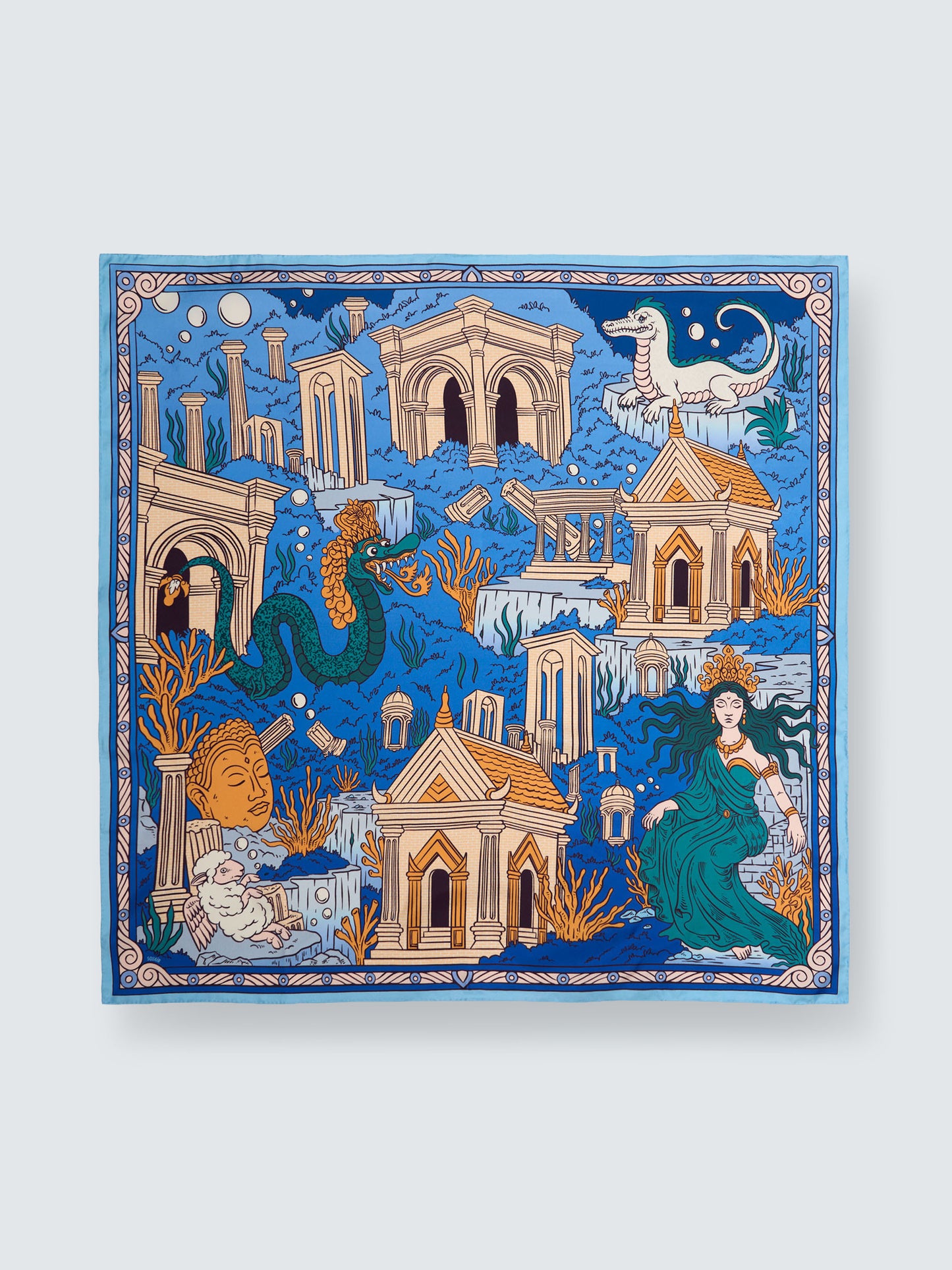 CROWNS OF THE SOUTHERN SEA | Pantai Blue Silk Twill Scarf | 88×88 cm