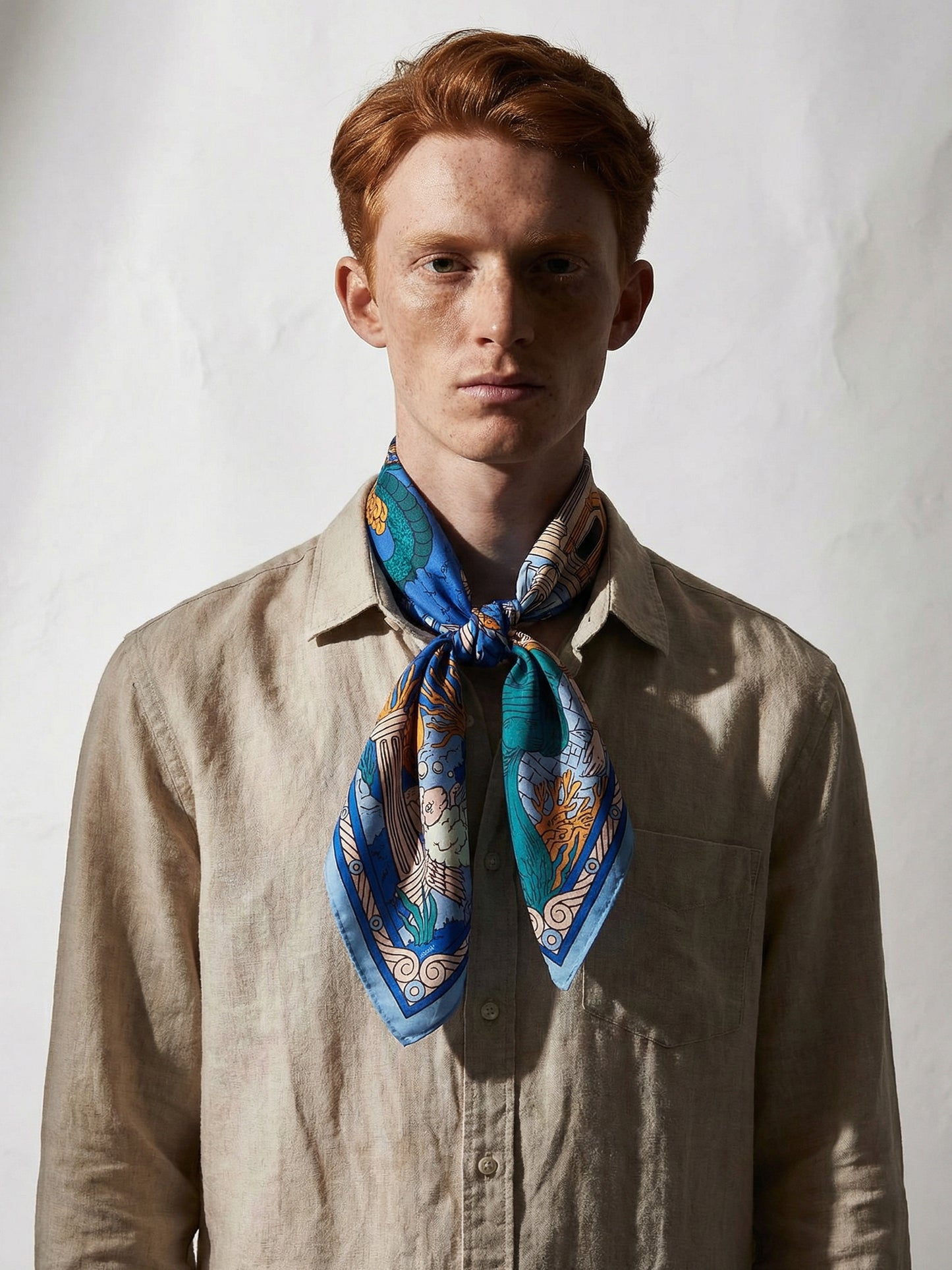 CROWNS OF THE SOUTHERN SEA | Pantai Blue Silk Twill Scarf | 88×88 cm