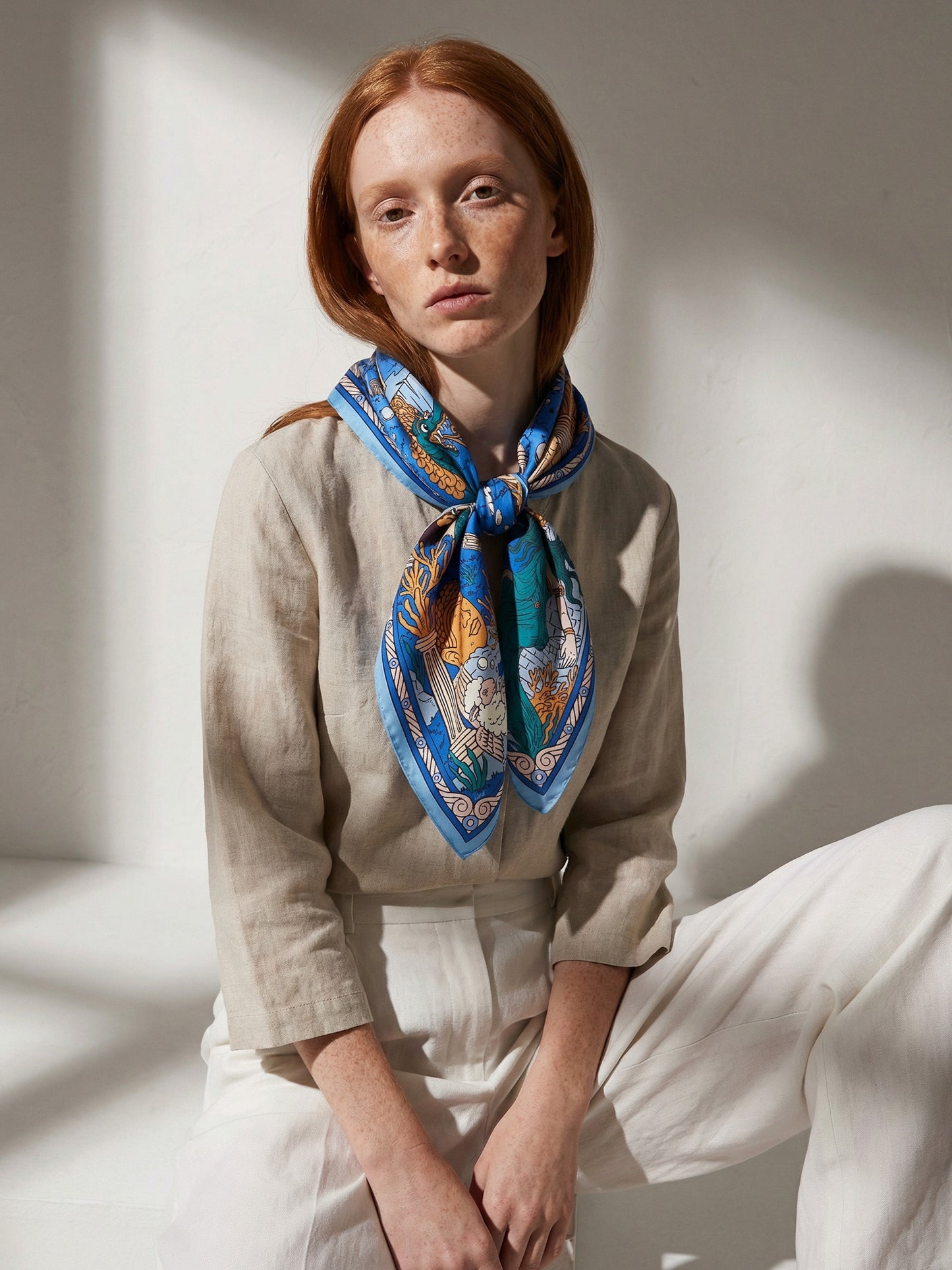 CROWNS OF THE SOUTHERN SEA | Pantai Blue Silk Twill Scarf | 88×88 cm