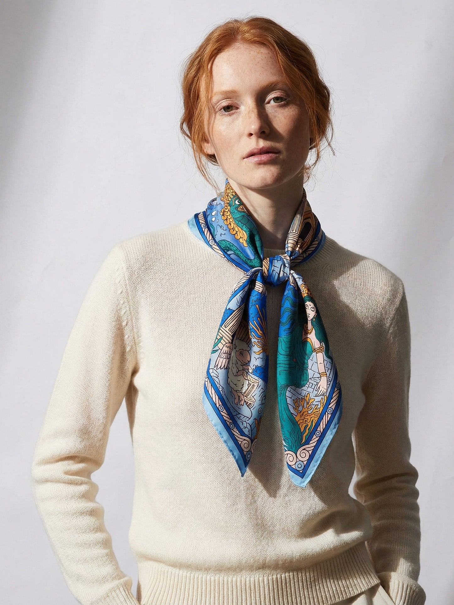 CROWNS OF THE SOUTHERN SEA | Pantai Blue Silk Twill Scarf | 88×88 cm