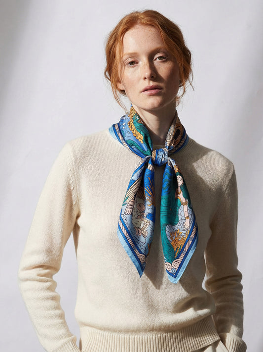 CROWNS OF THE SOUTHERN SEA | Pantai Blue Silk Twill Scarf | 88×88 cm