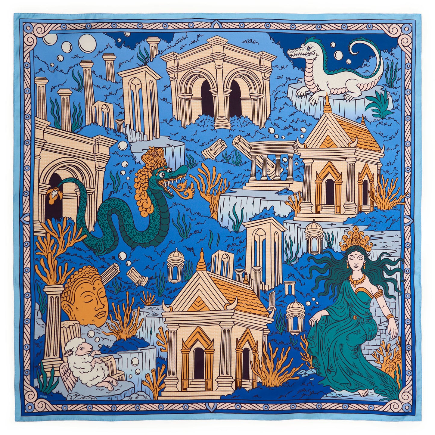 CROWNS OF THE SOUTHERN SEA | Pantai Blue Silk Twill Scarf | 88×88 cm